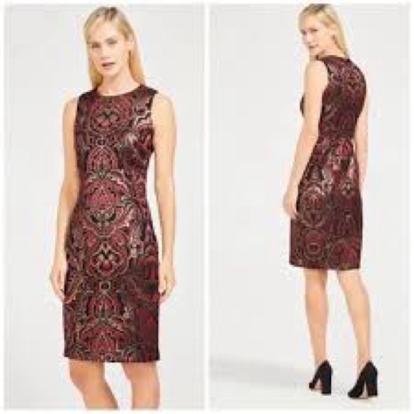 J Mclaughlin Belinda Sheath Dress In Red, Black And Gold Metallic Paisley Jacket